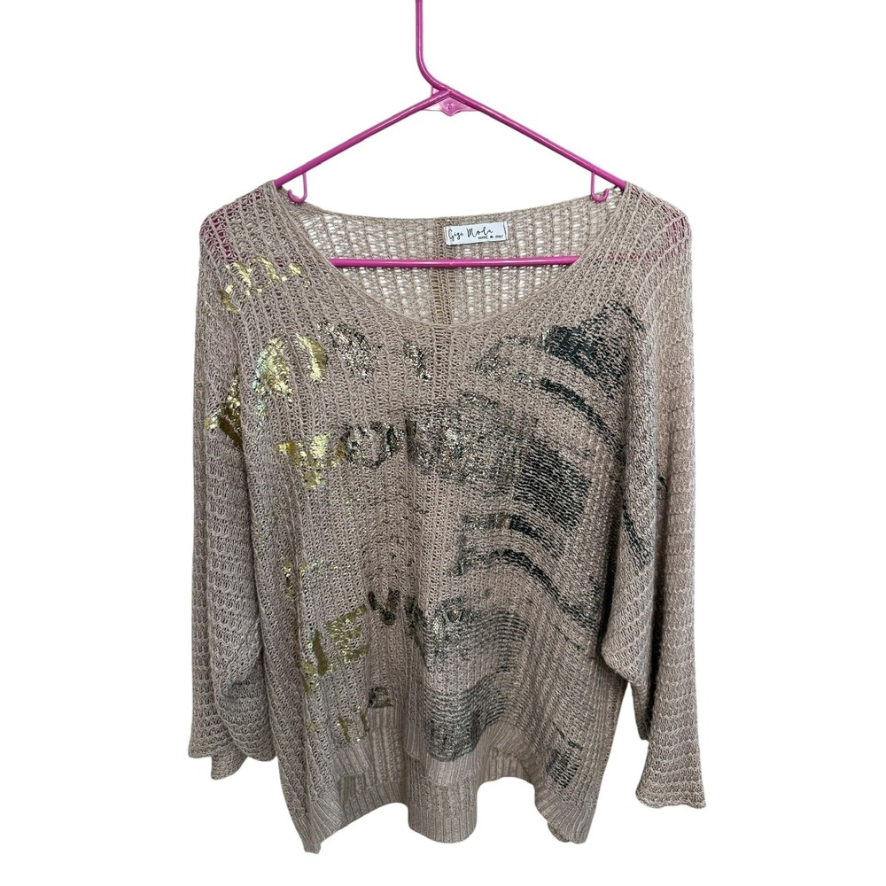 Gigi Moda Italy Lustro Knit Sweater Taupe Gold Metallic Handmade One Size